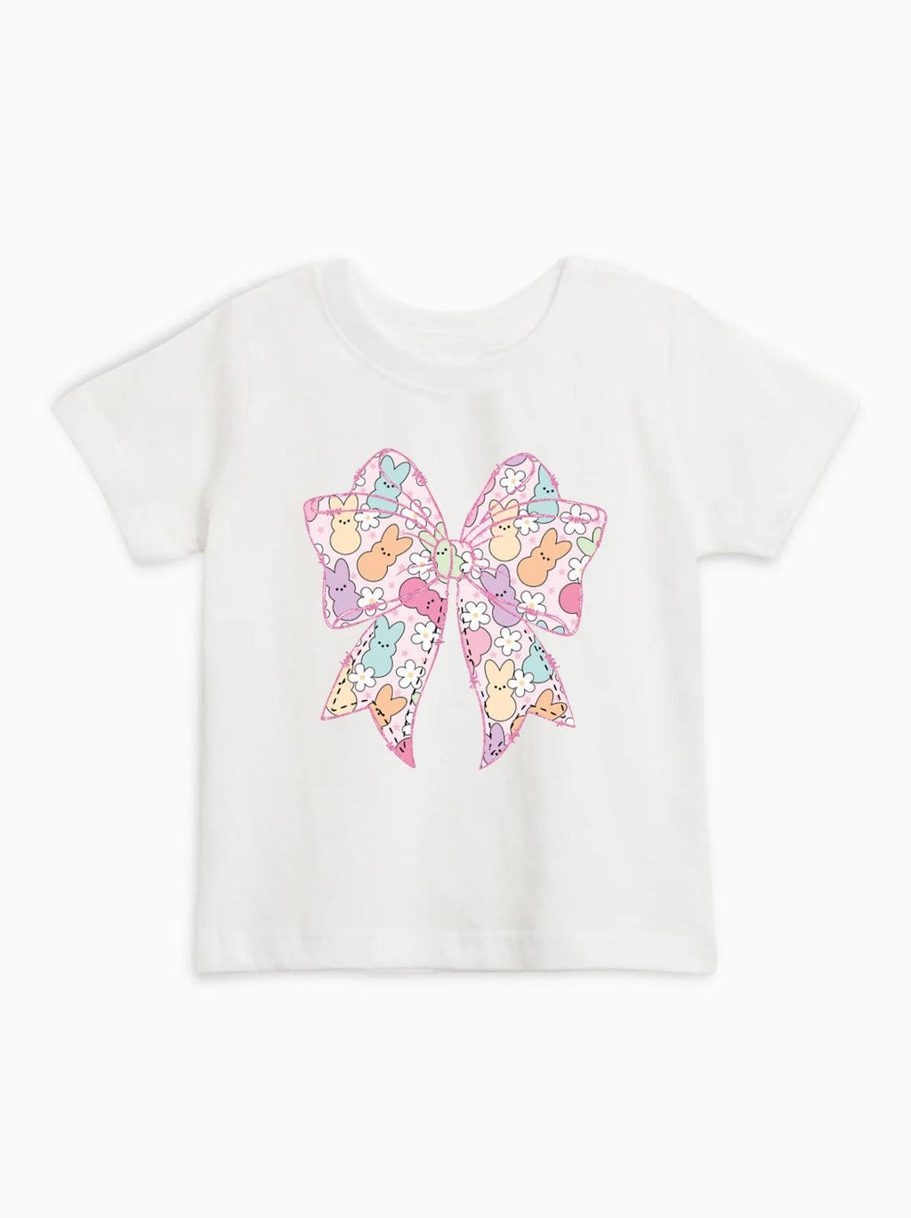 White short sleeve baby T-shirt with pastel Easter egg bunny bow graphic