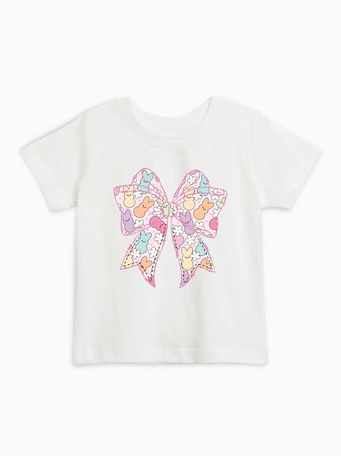 White short sleeve baby T-shirt with pastel Easter egg bunny bow graphic