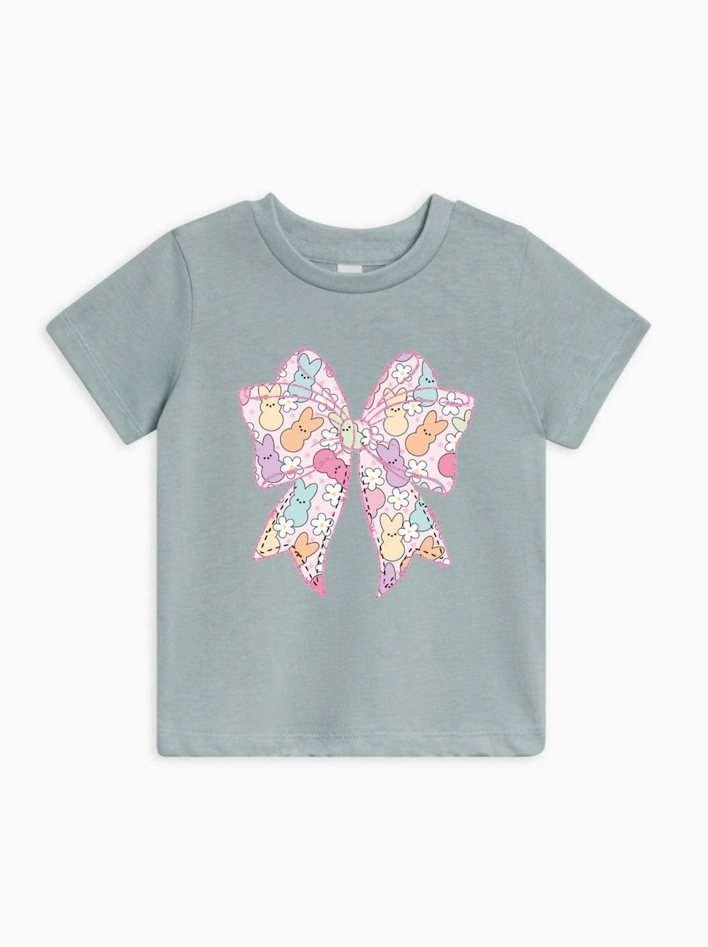 Blue-green short sleeve baby T-shirt with pastel Easter egg bunny bow graphic