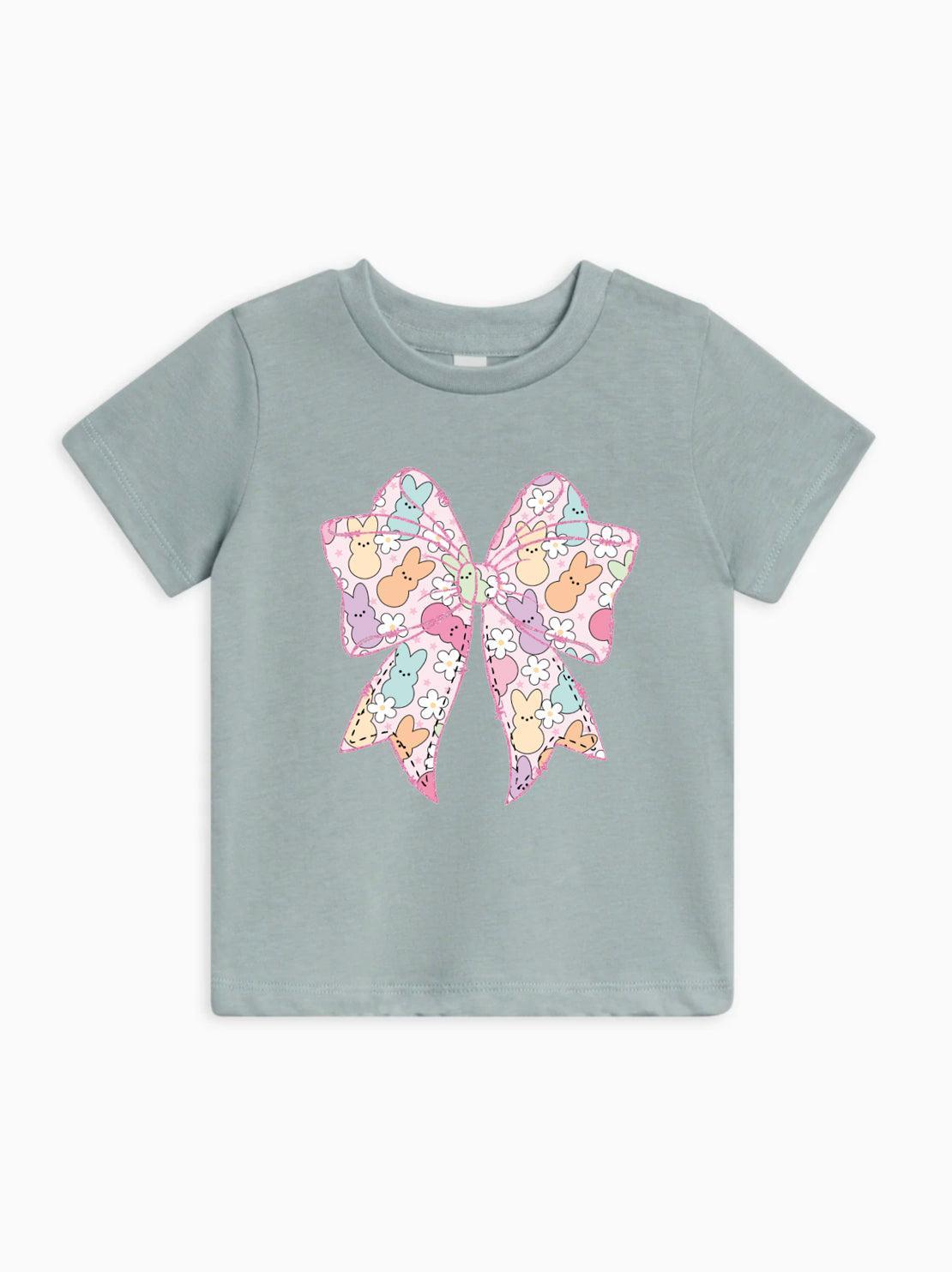Blue-green short sleeve baby T-shirt with pastel Easter egg bunny bow graphic