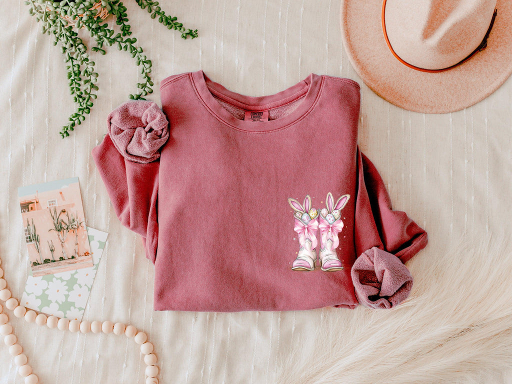 Crimson crewneck sweatshirt with Easter bunny and egg graphic