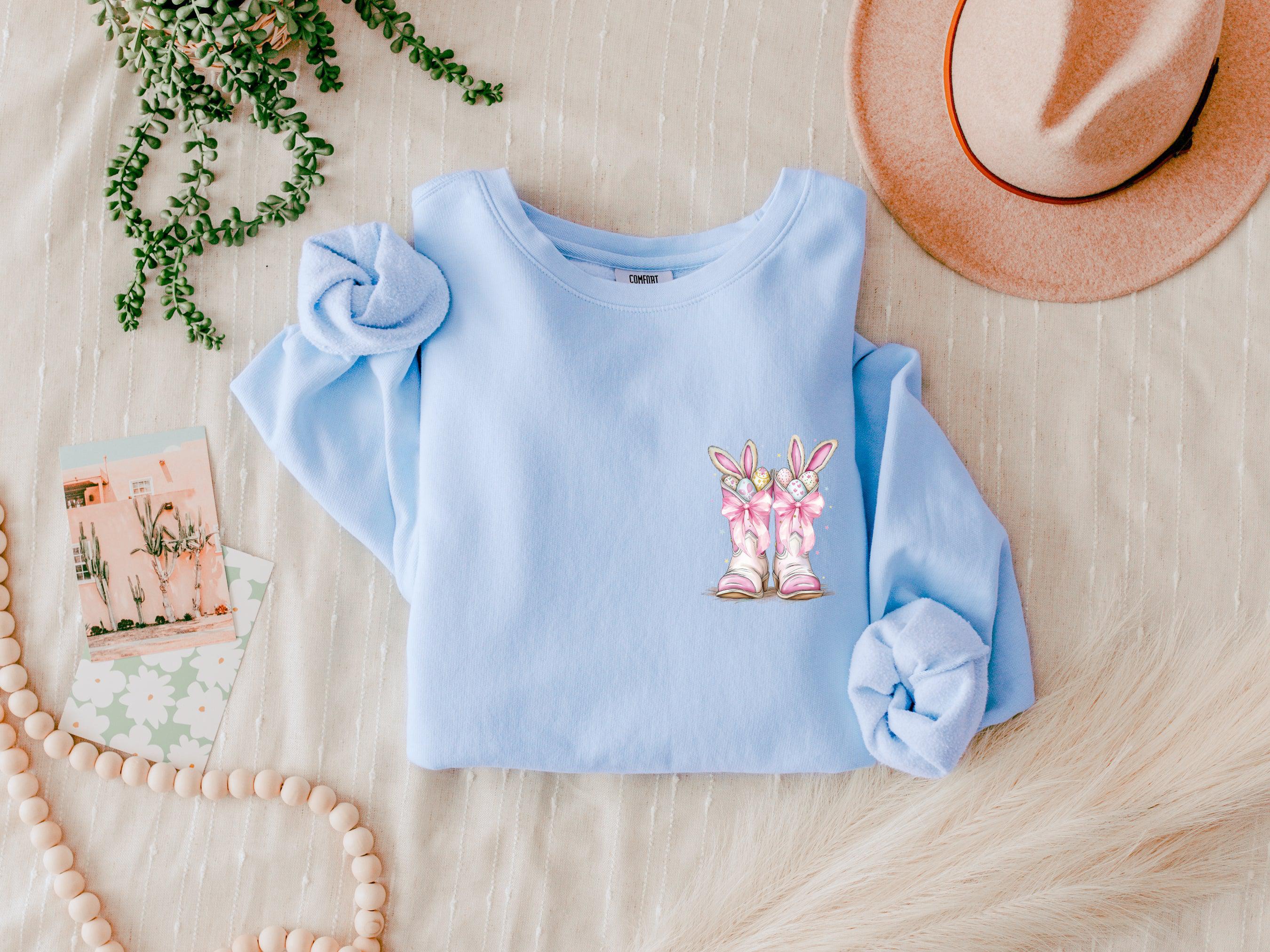 Hydrangea blue crewneck sweatshirt with Easter bunny and egg graphic