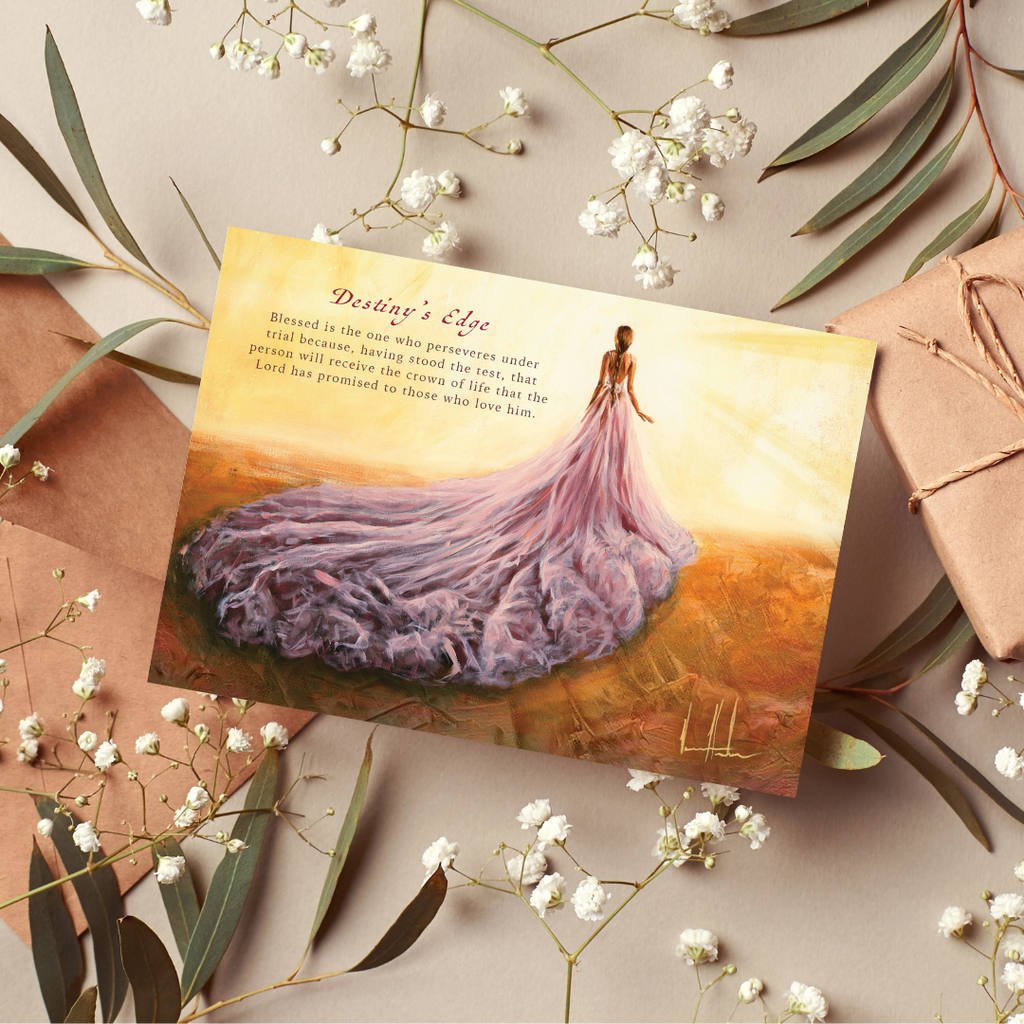 Greeting card with purple dress sunrise artwork, on kraft paper with flowers