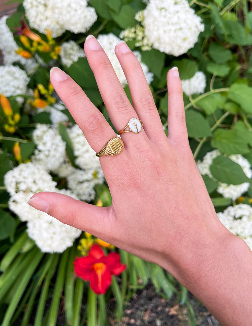 Gold-tone oval signet ring with white cameo and butterfly detail on hand
