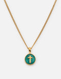 Gold chain necklace with round emerald pendant and gold cross
