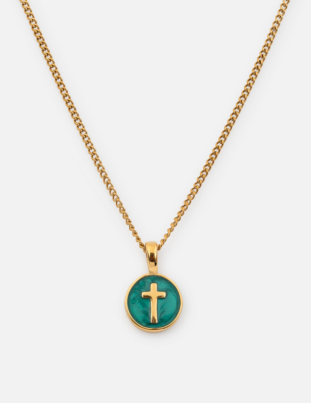 Gold chain necklace with round emerald pendant and gold cross
