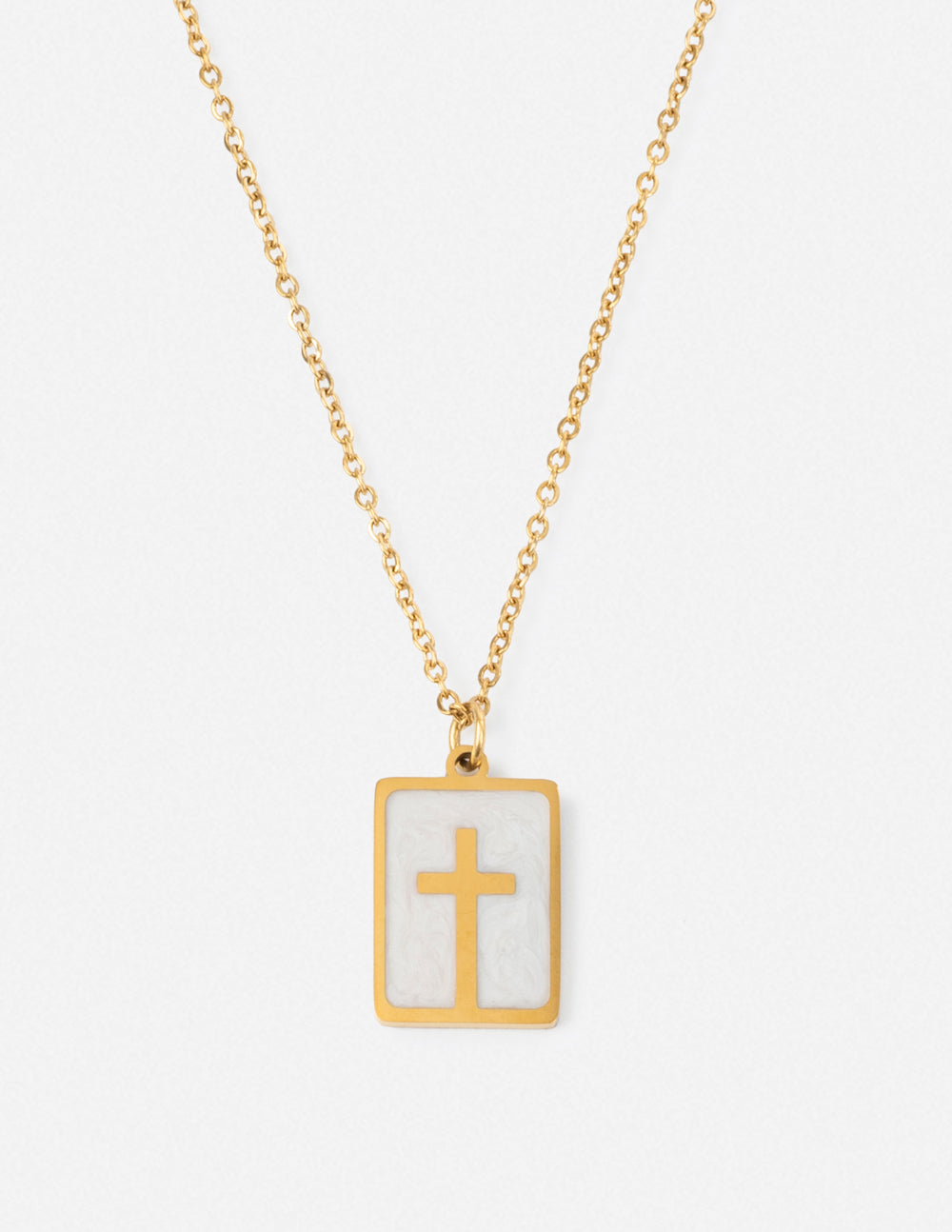 Gold enamel cross pendant necklace with square white enamel and cross charm