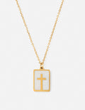 Gold enamel cross pendant necklace with square white enamel and cross charm