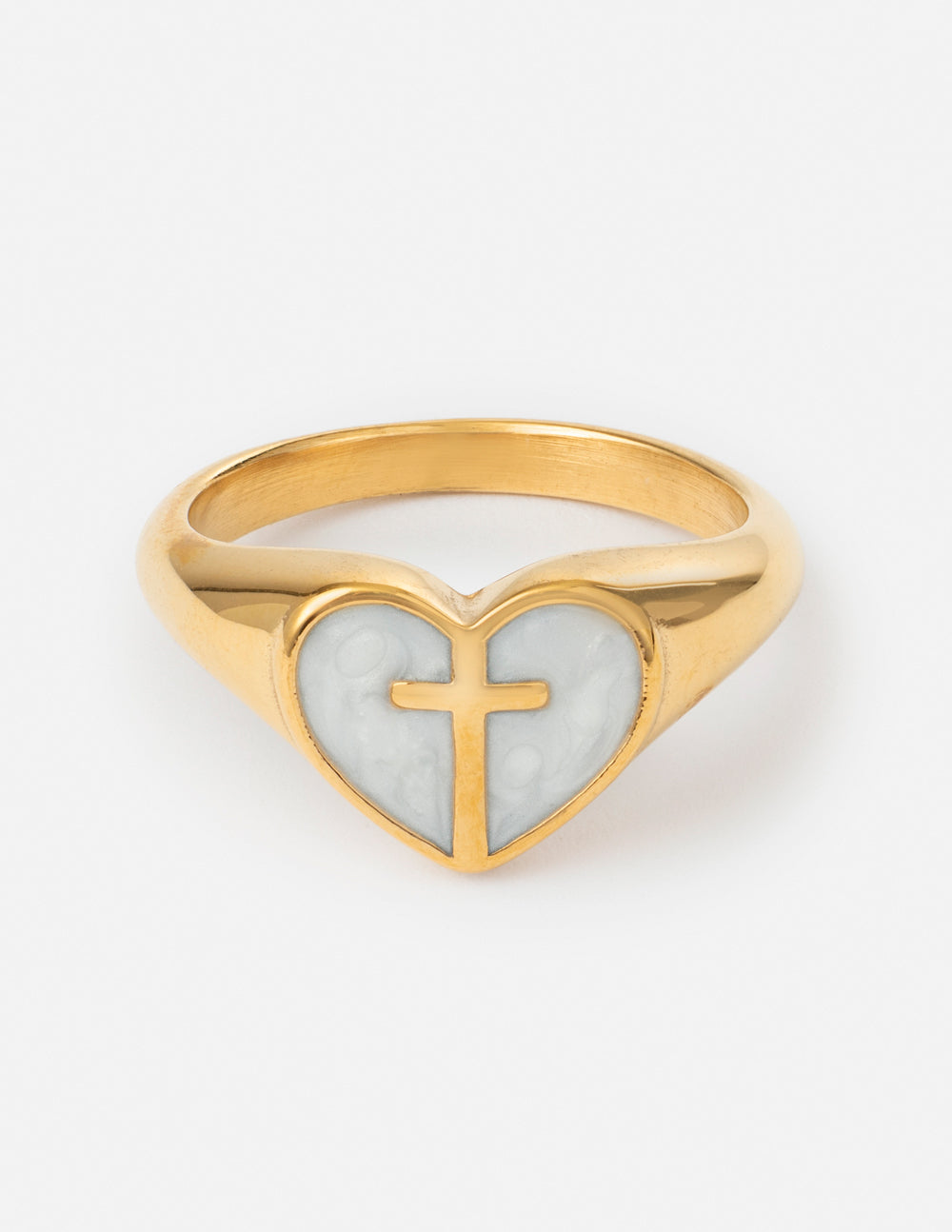 Gold enamel heart cross ring with raised cross and light blue enamel details