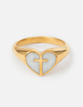 Gold enamel heart cross ring with raised cross and light blue enamel details