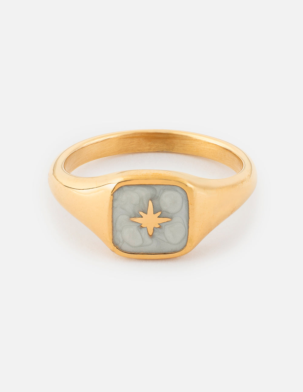 Gold-tone ring with square light blue enamel bezel and sunburst star emblem