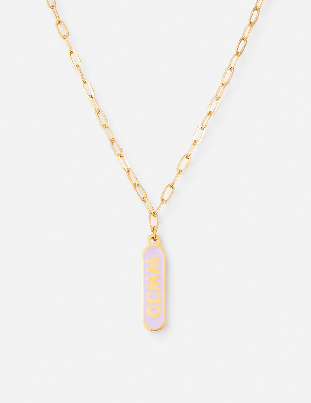 Gold-tone chain necklace with blue enamel vertical tag pendant
