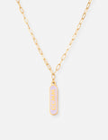Gold-tone chain necklace with blue enamel vertical tag pendant