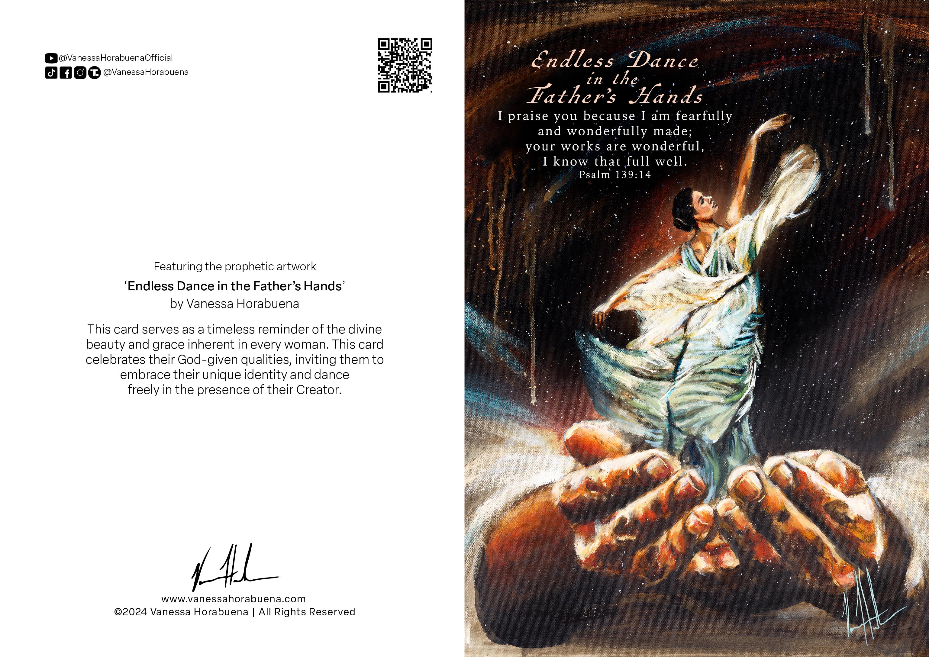 Greeting card front with angel painting on dark background; QR code and details on left.