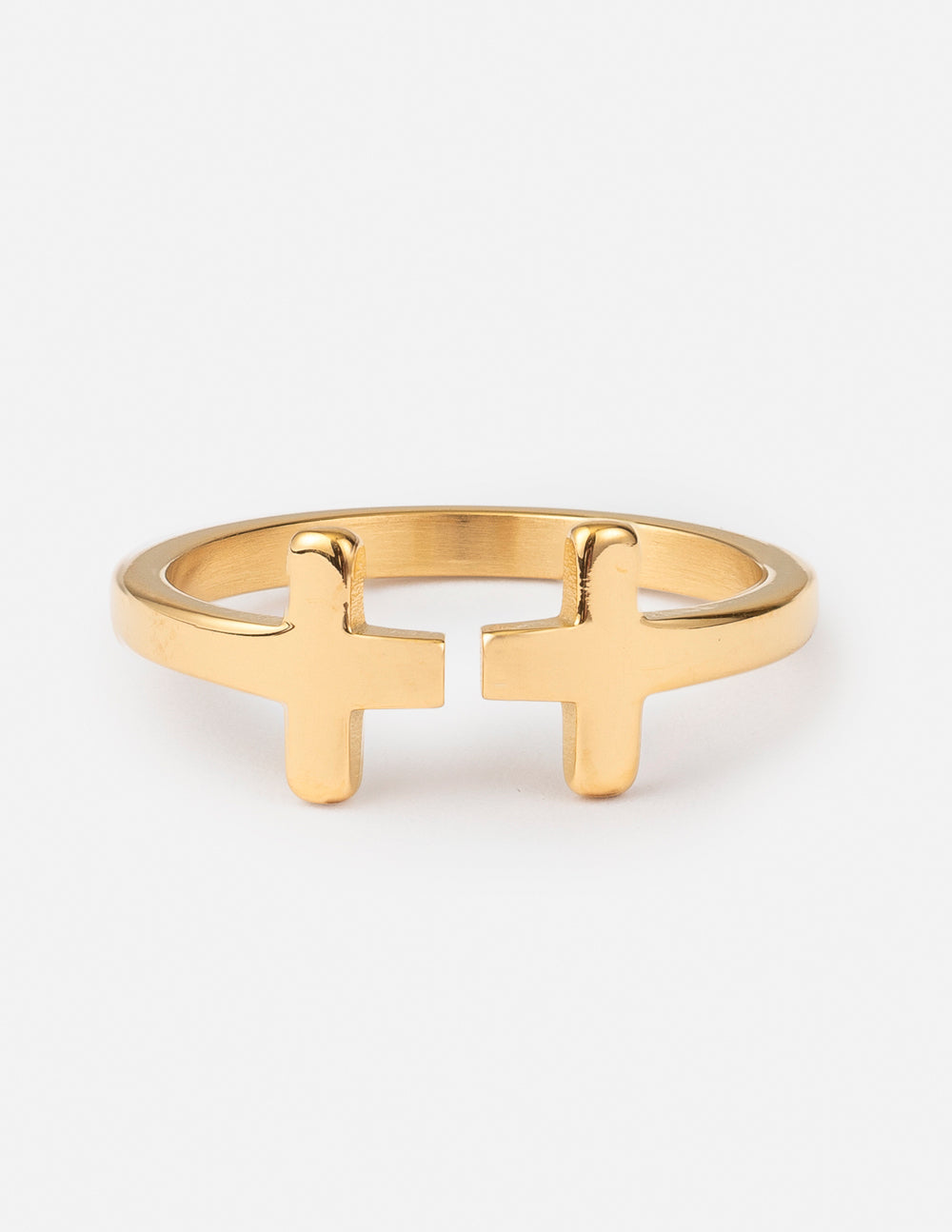 Gold-tone cross ring with two raised cross charms on the band