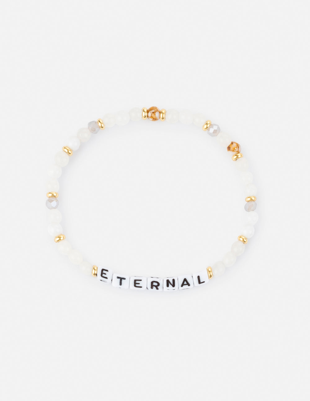 Gold beaded letter bracelet with white beads and charm spelling ETERNAL.