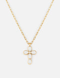 Gold paperclip chain necklace with teardrop cross pendant and mother-of-pearl accents