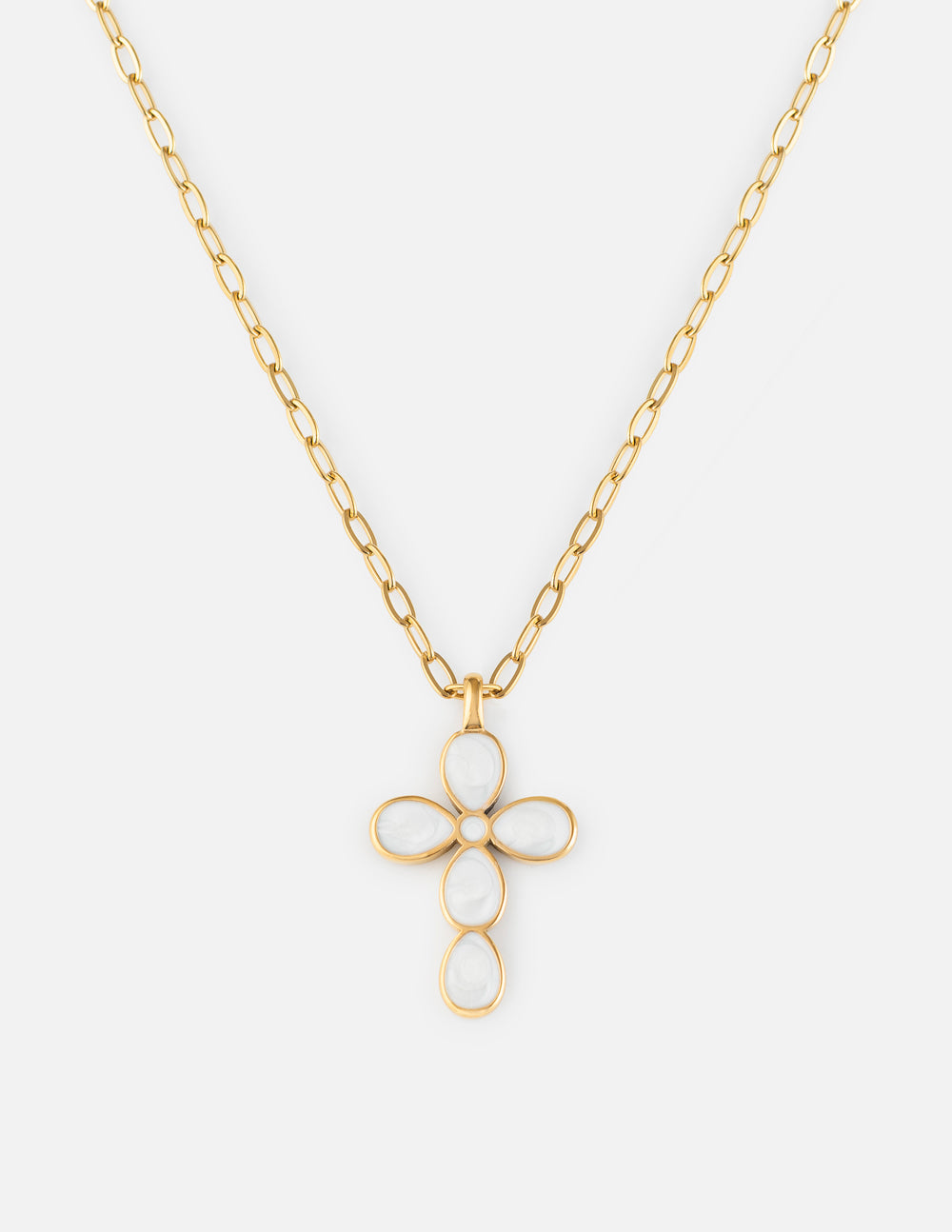 Gold paperclip chain necklace with teardrop cross pendant and mother-of-pearl accents