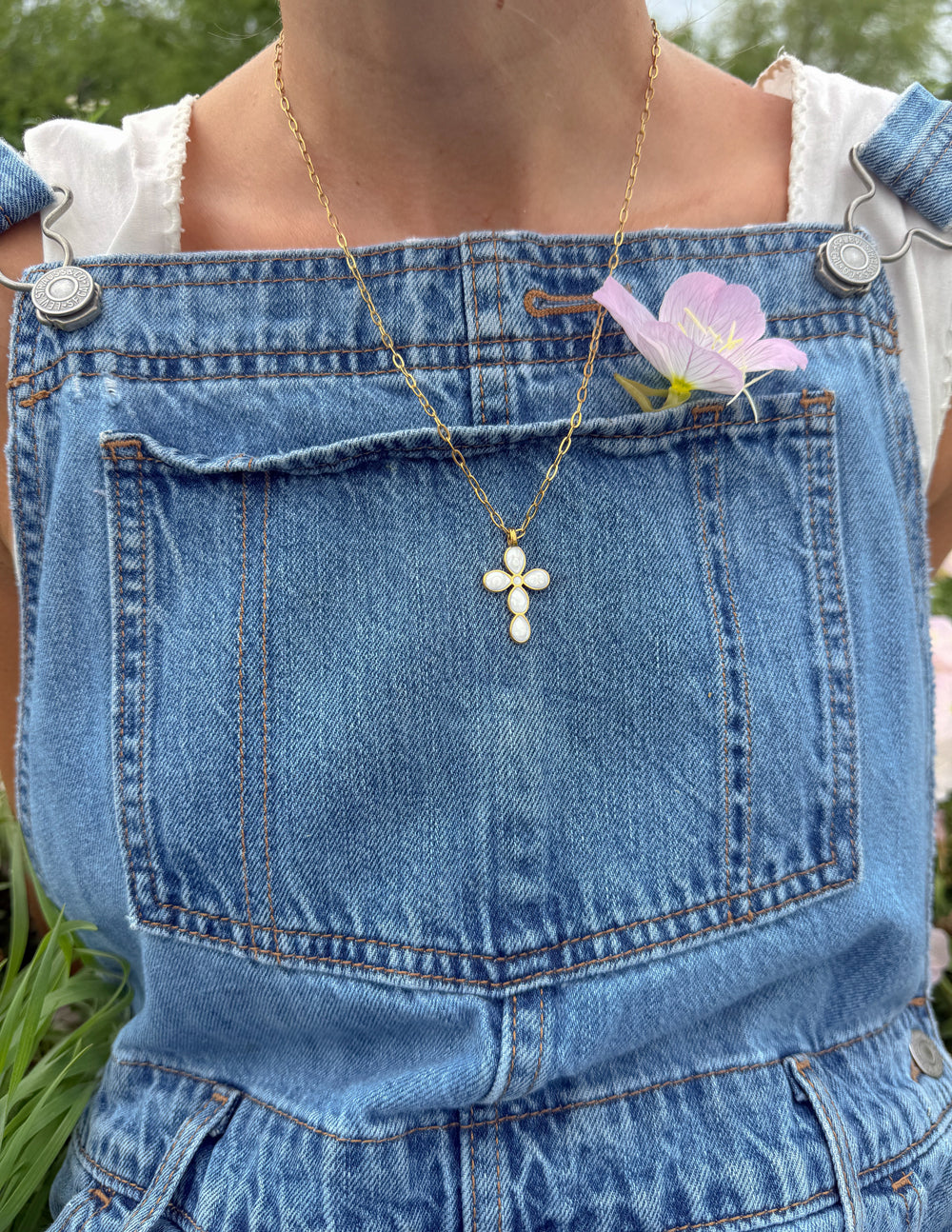 Gold paperclip chain necklace with teardrop cross pendant