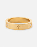 Gold eternity-style ring with small clear stones and a cross engraving on the band