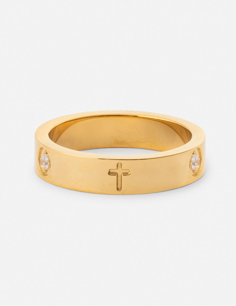 Gold eternity-style ring with small clear stones and a cross engraving on the band