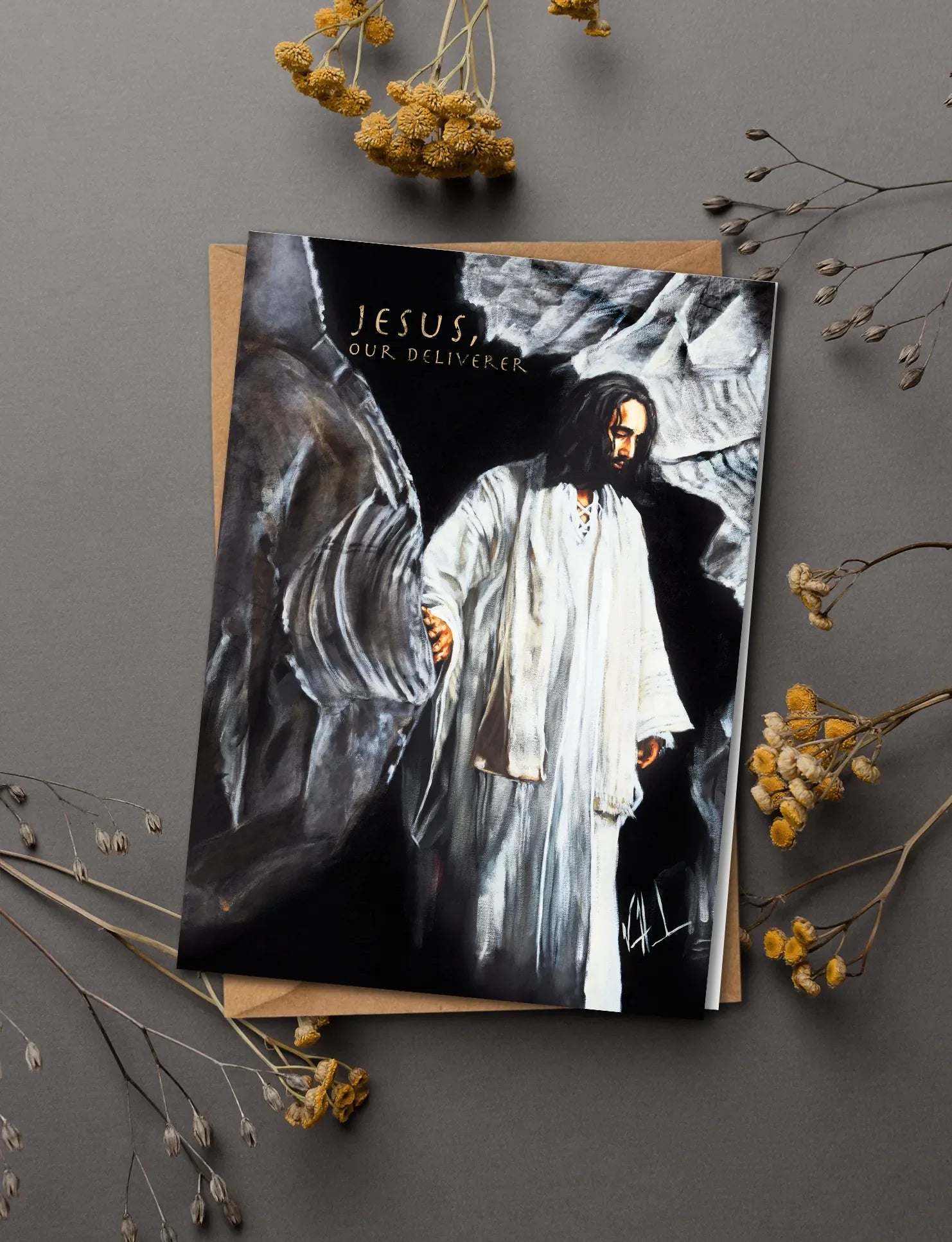 Easter greeting card with Jesus artwork and “Jesus, our deliverer” text.