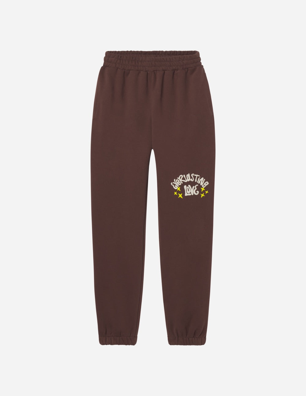 Unisex brown jogger sweatpants with elastic cuffs and star logo on left leg