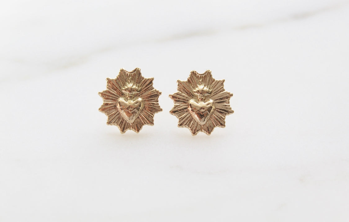 Gold vermeil sacred heart stud earrings, round floral cross motif, pair