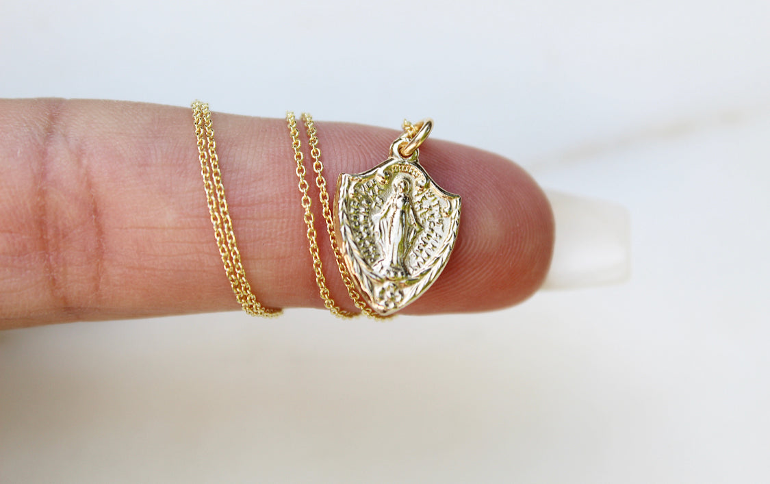 14K gold shield pendant on link chain, Miraculous Medal style centerpiece