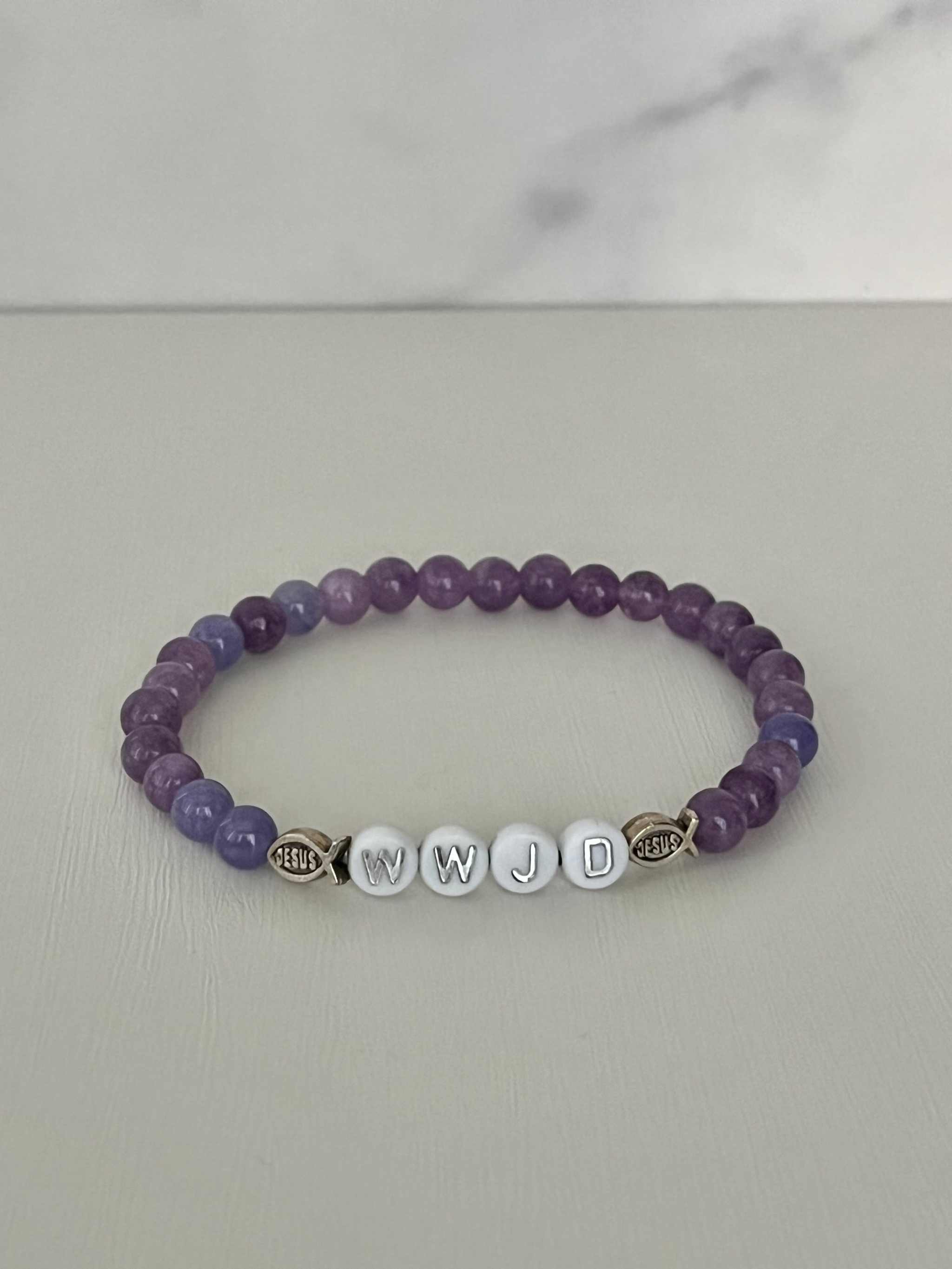 Purple natural stone bead bracelet with WWJD letter beads and small faith charm