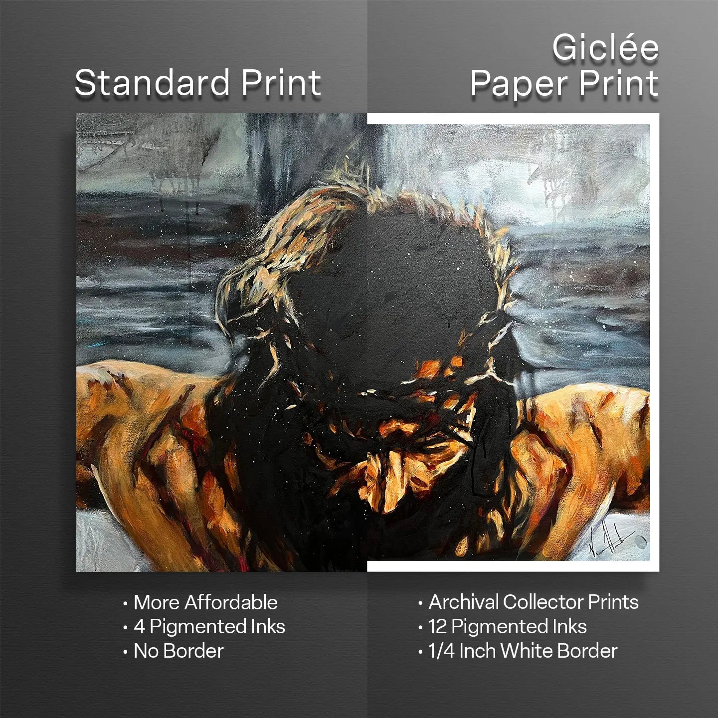 Artwork print of praying bearded man with Standard Print and Giclée Paper Print labels