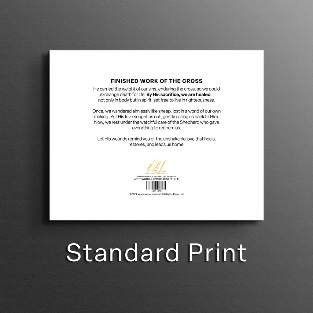 White back panel with printed text and logo for finished work of the cross