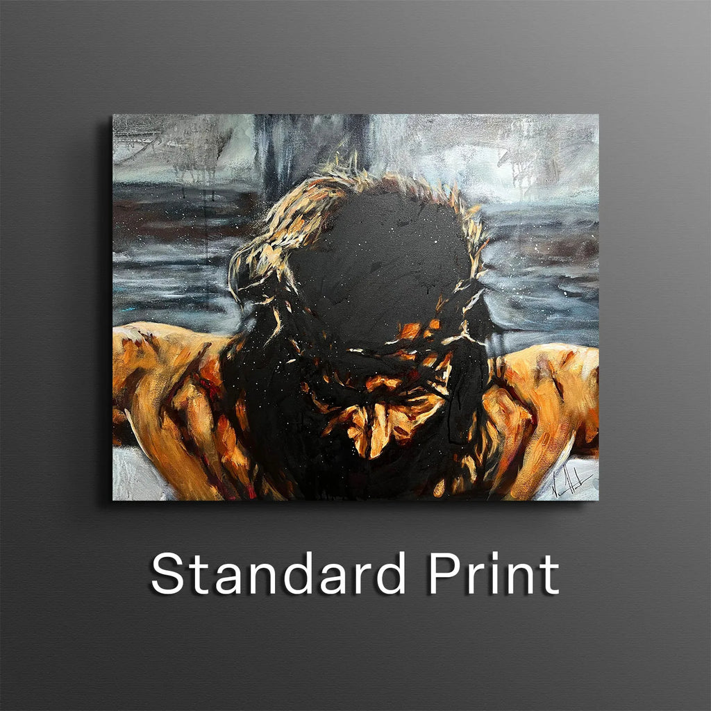 Framed painting print of praying bearded man with raised hands