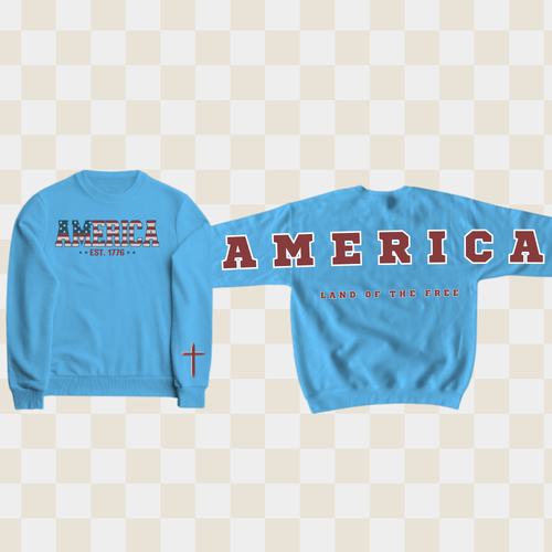 Blue crewneck sweatshirt, with chest logo and large 'AMERICA' print plus 'LAND OF THE FREE'