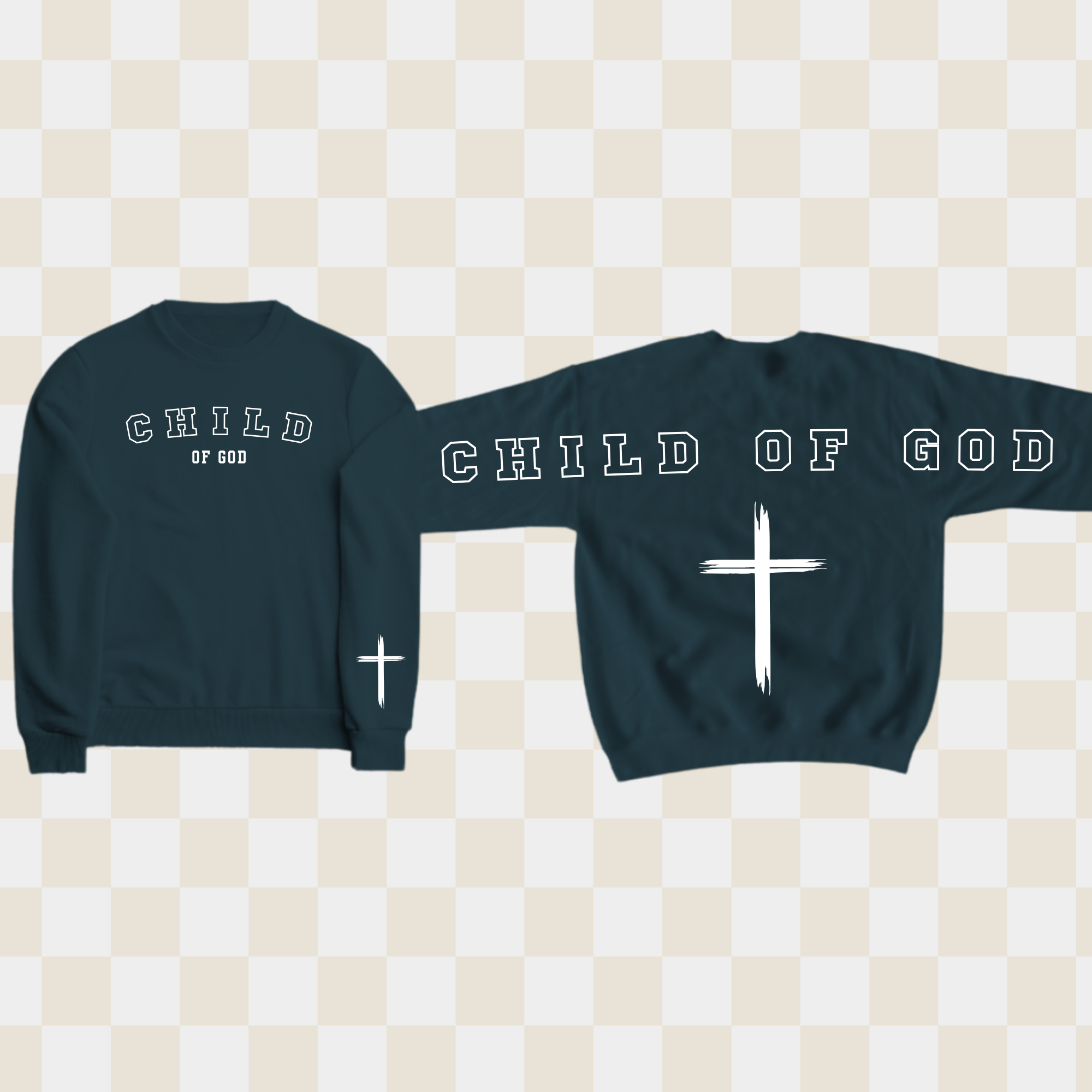 Crewneck sweatshirt, dark green with 'CHILD OF GOD' text and white cross detail