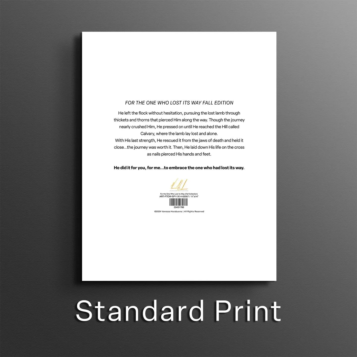 Art print backing card with centered text and barcode label