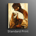 Framed art print of a robed figure holding a white cloth, autumn-toned painting