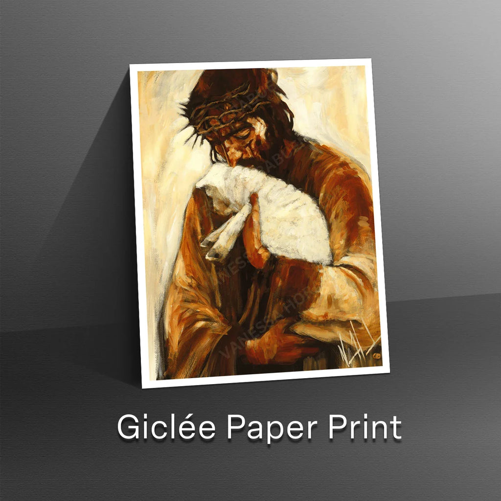 Framed art print of a robed figure embracing a white cloth, warm brown and gold tones