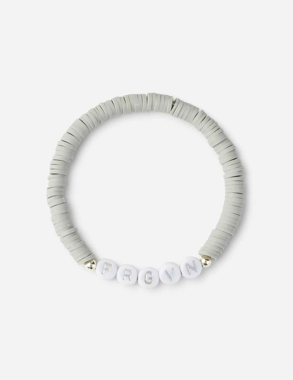 Gray heishi bead letter bracelet with spaced alphabet charms