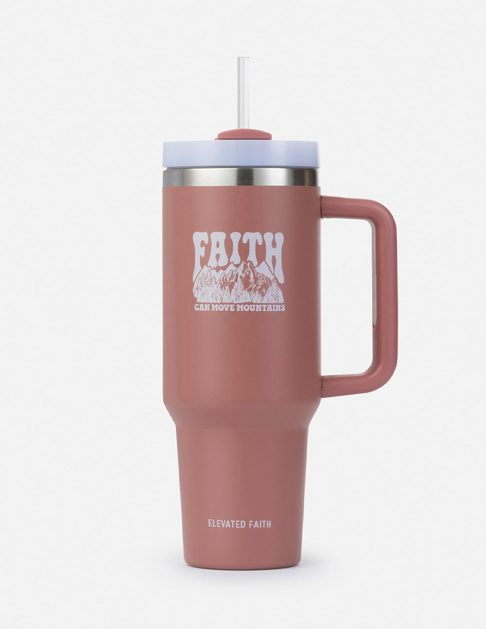 40 oz insulated tumbler, rose pink, front logo with silver lid and straw