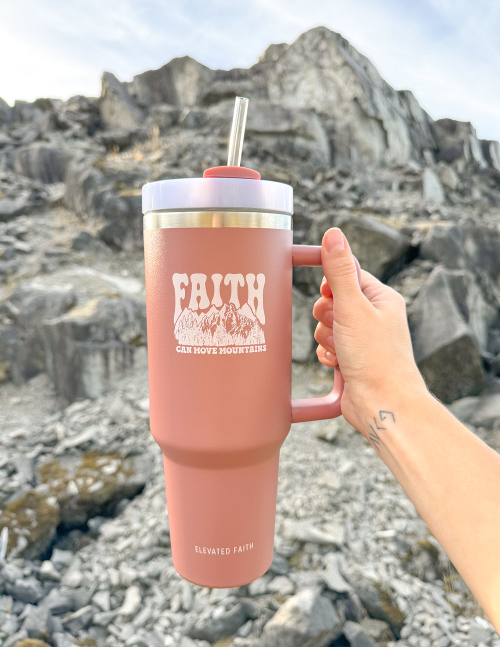 40 oz insulated tumbler in rose pink with straw lid, “FAITH” front print