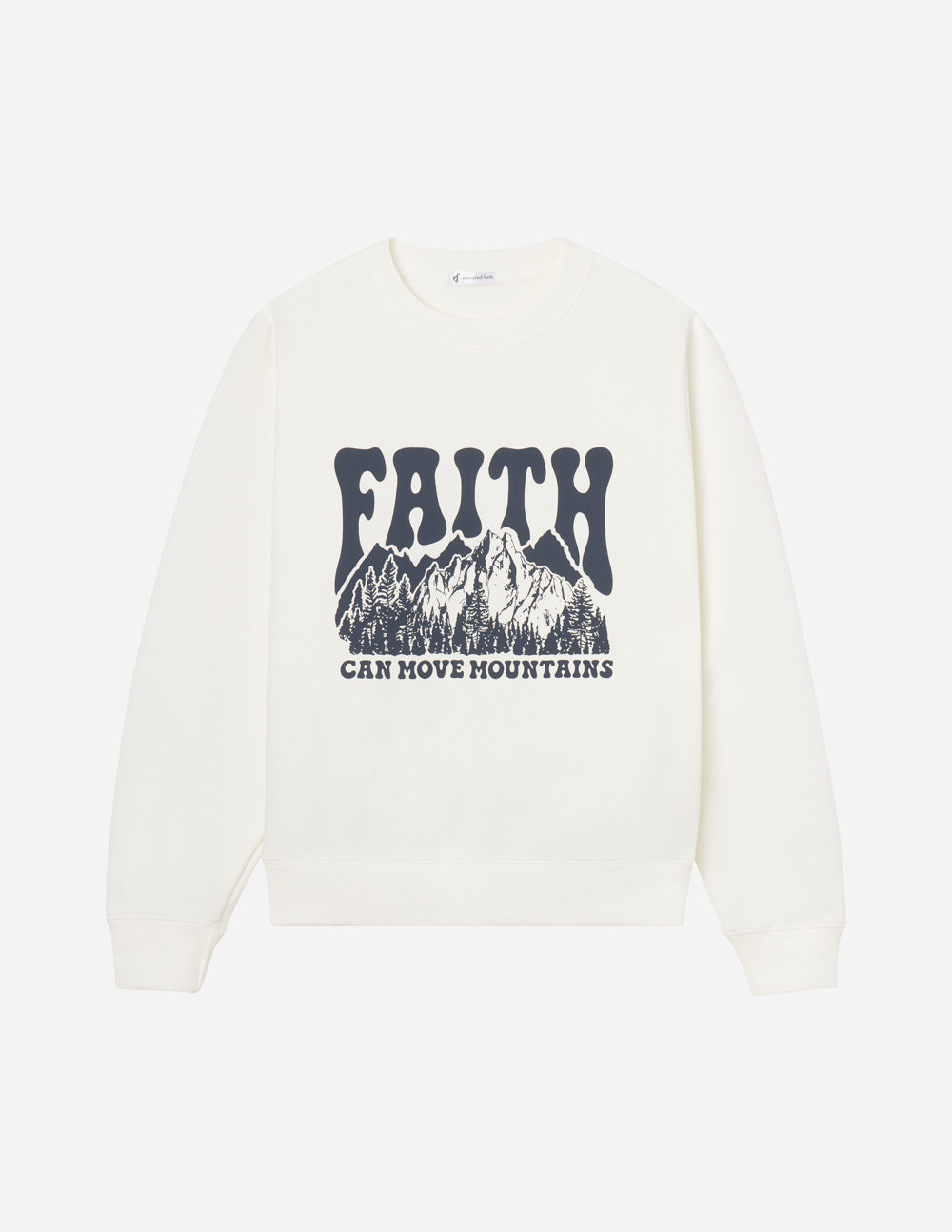 White unisex crewneck sweatshirt with dark “Faith” mountain graphic, long sleeves