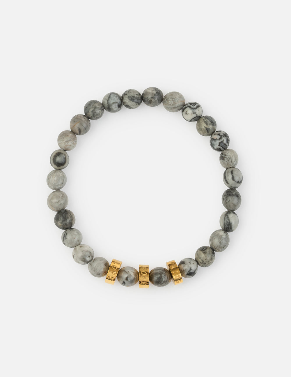 Gray stone bead bracelet with gold spacer beads, round stones, stretch fit