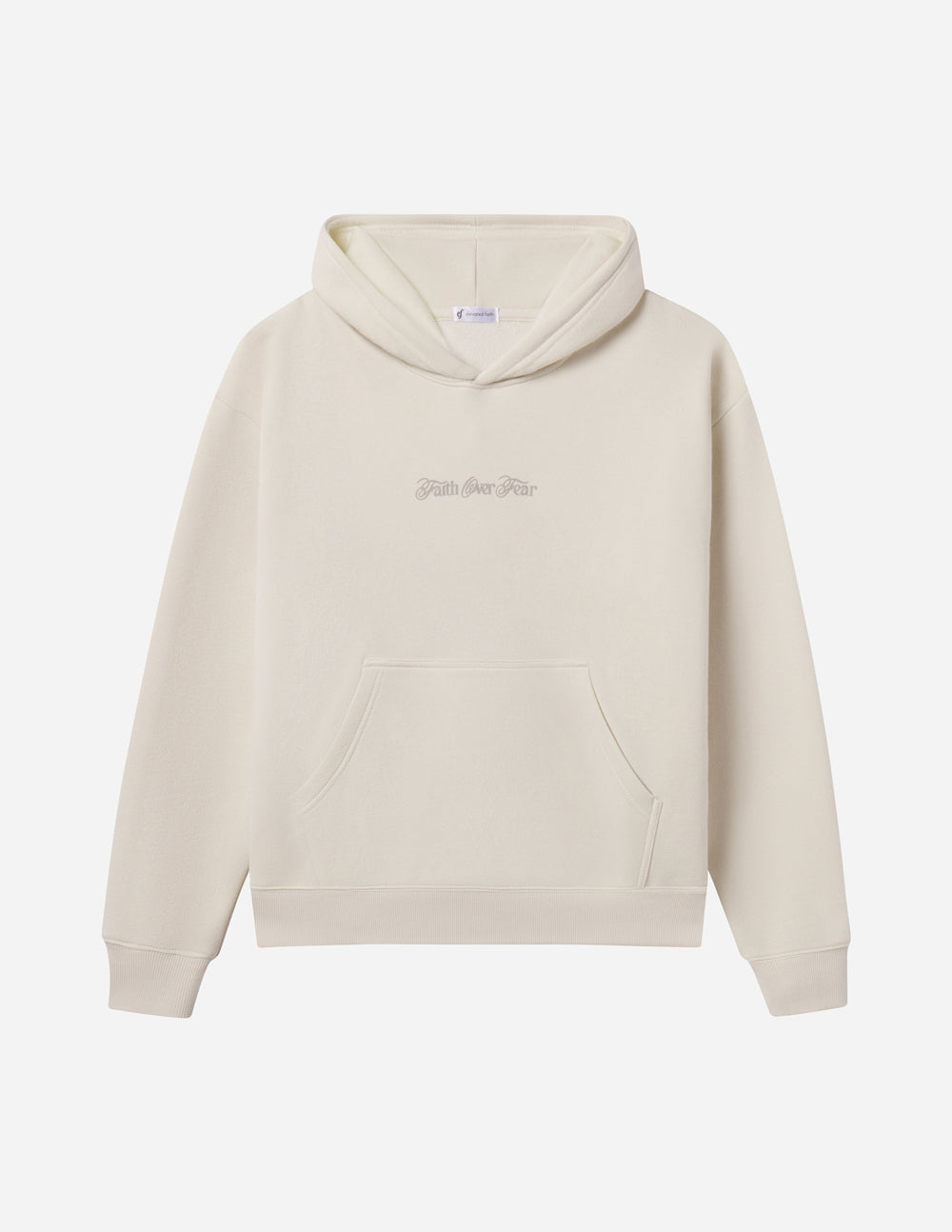 Light pullover hoodie with hood, kangaroo pocket, and small 'Faith over Fear' logo