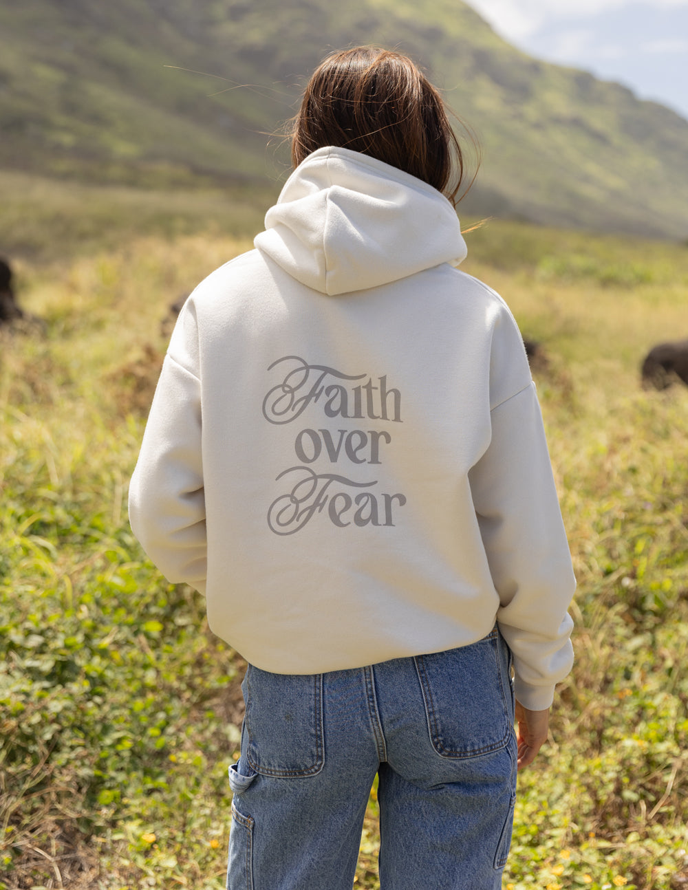 Light hoodie with hood, back 'Faith over Fear' script print