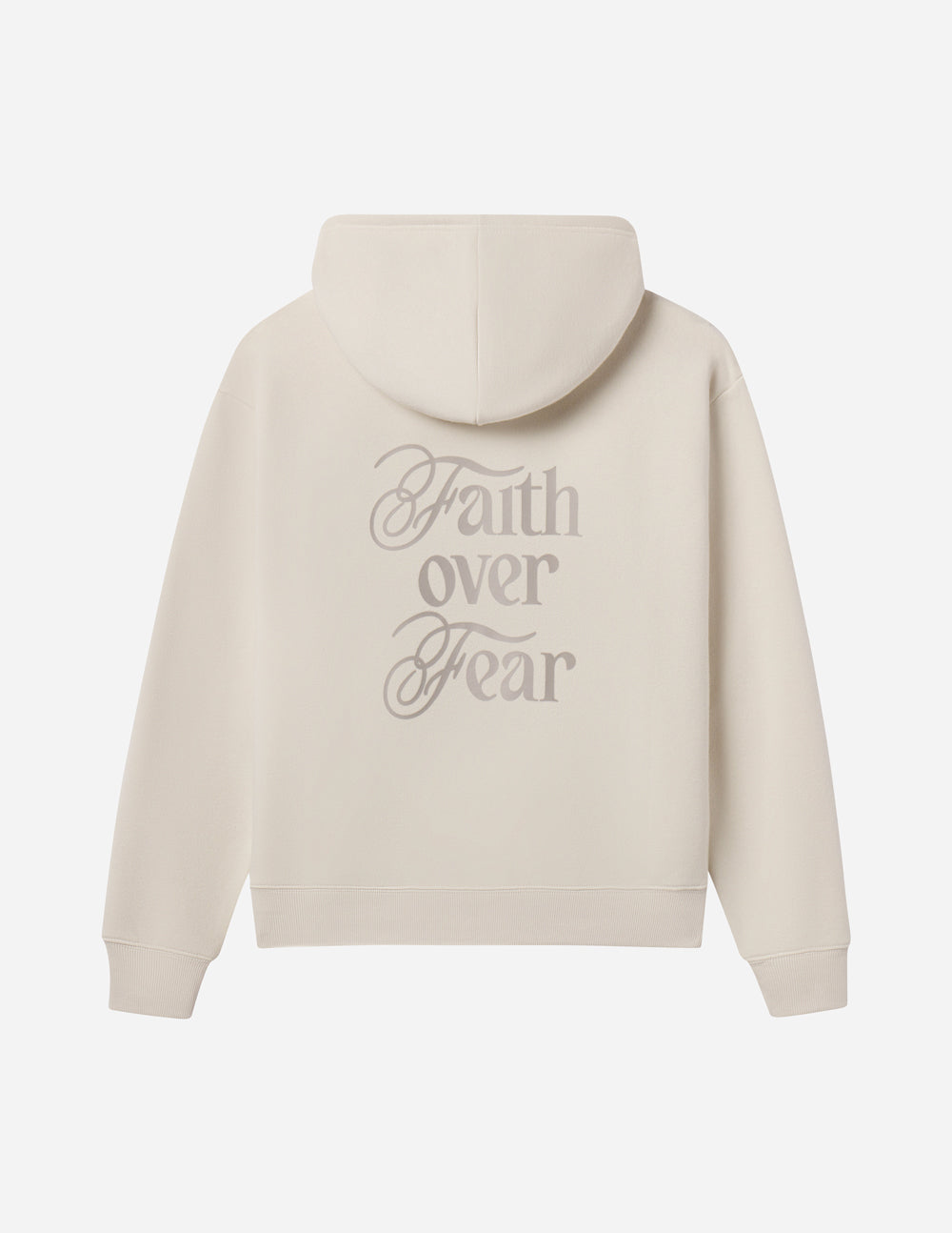 Light pullover hoodie with hood and back 'Faith over Fear' script print