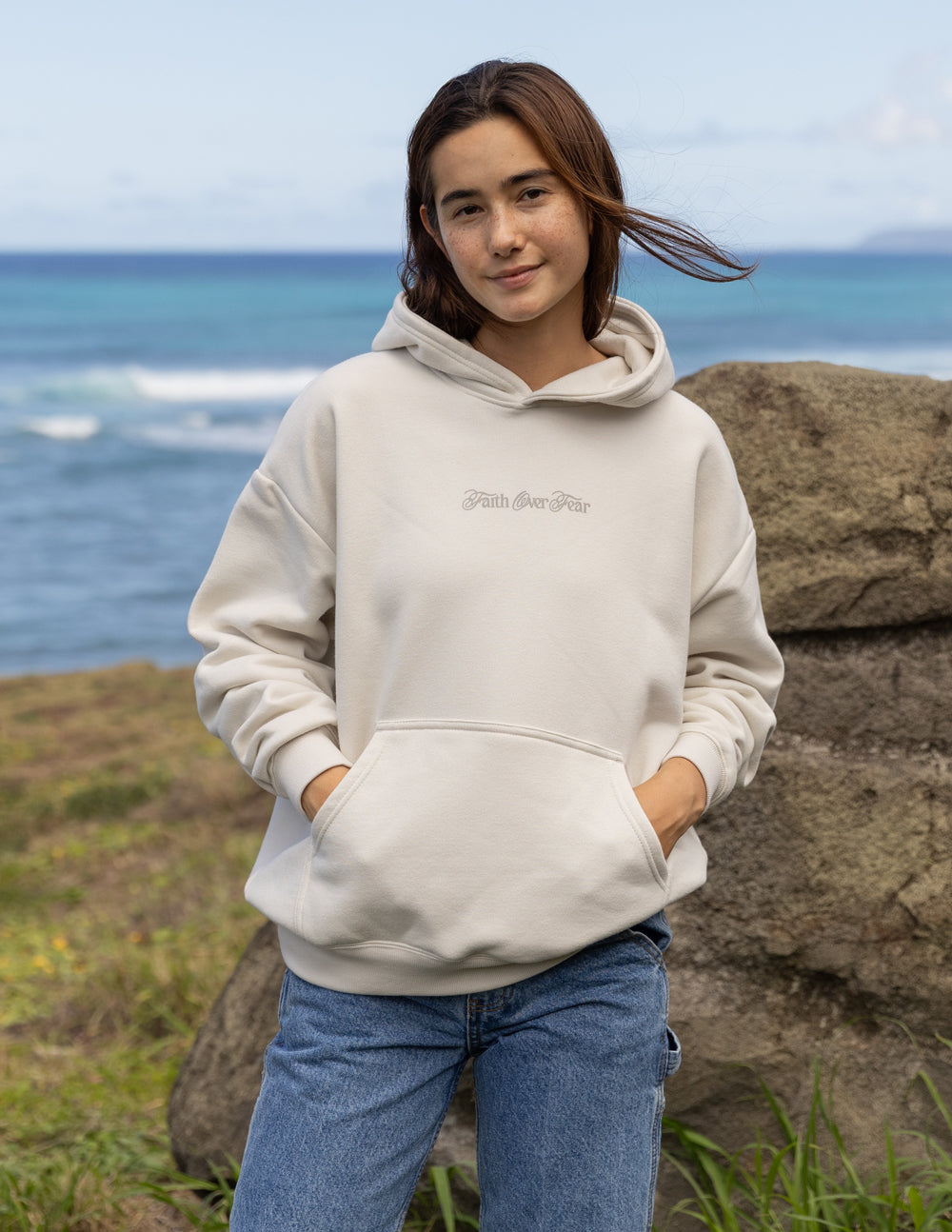 Light hoodie with hood and 'Faith over Fear' chest print, relaxed fit