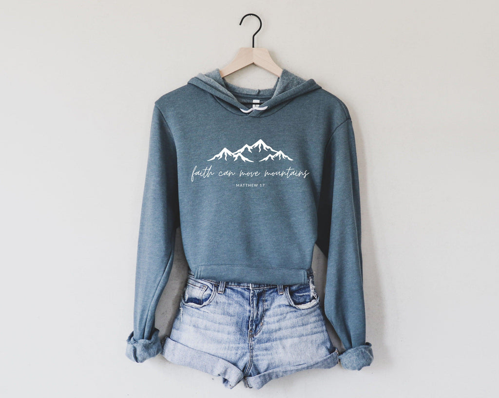 Heather slate sponge fleece hooded sweatshirt with faith mountain graphic