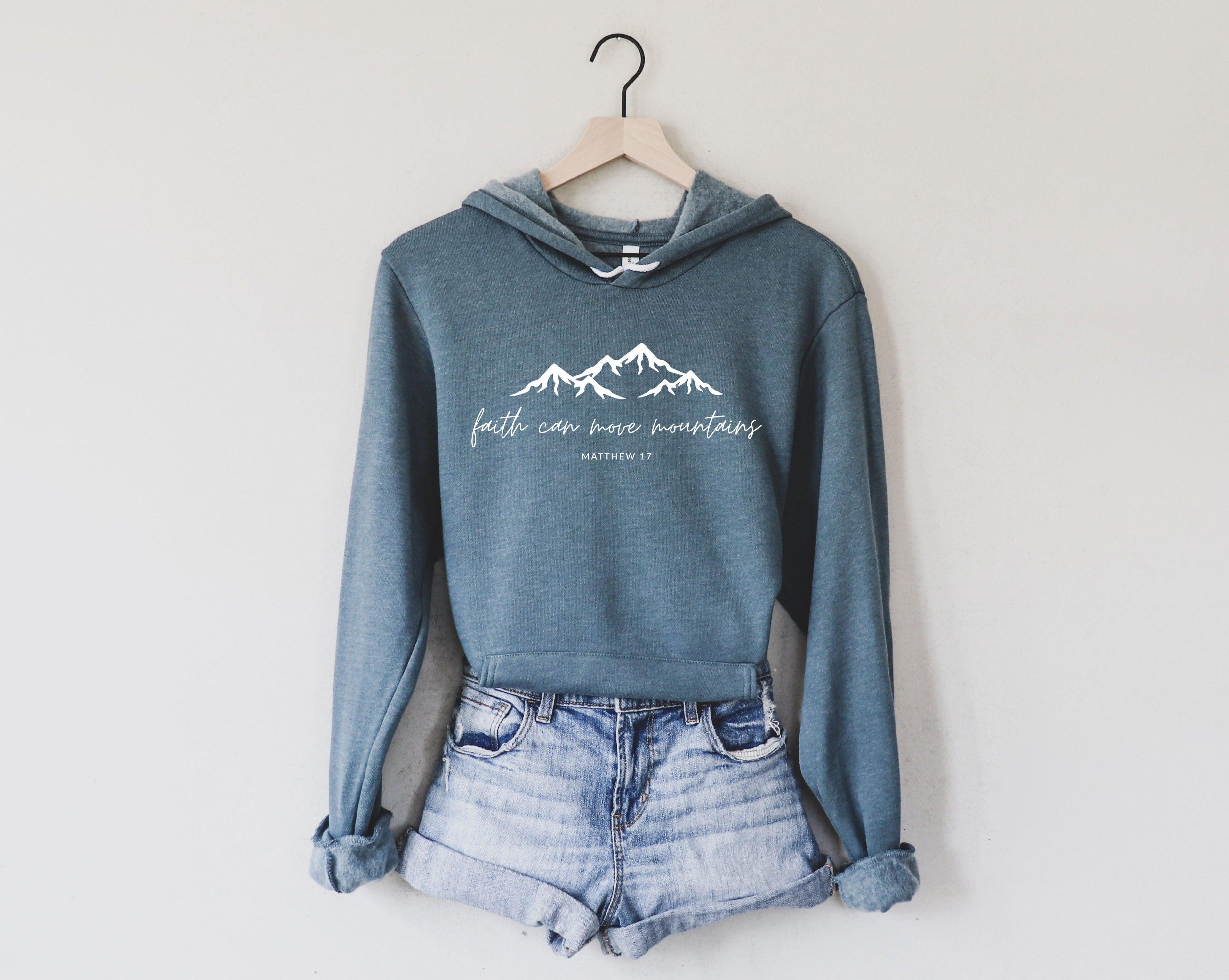 Heather slate sponge fleece hooded sweatshirt with faith mountain graphic