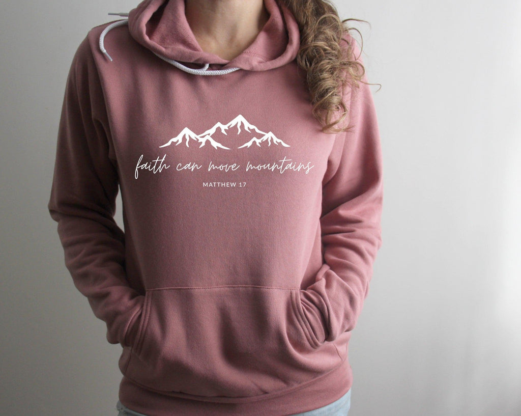 Mauve sponge fleece hooded sweatshirt with faith mountain graphic